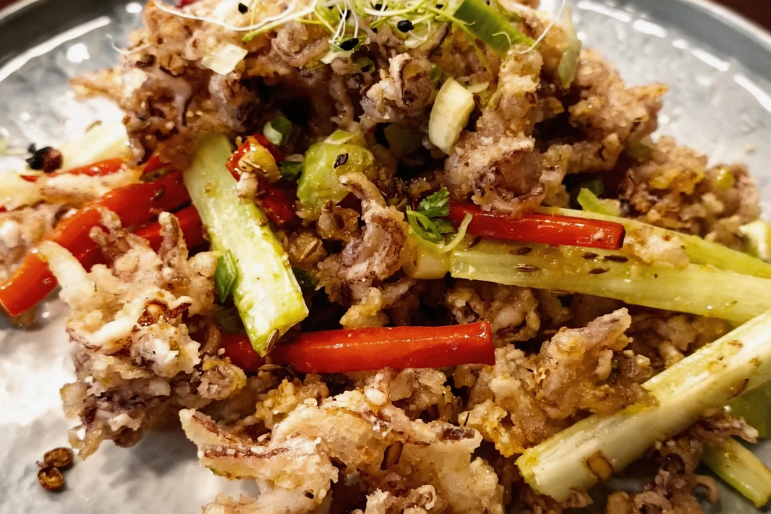 Petits calamars croustillants sautés sur une assiette grise