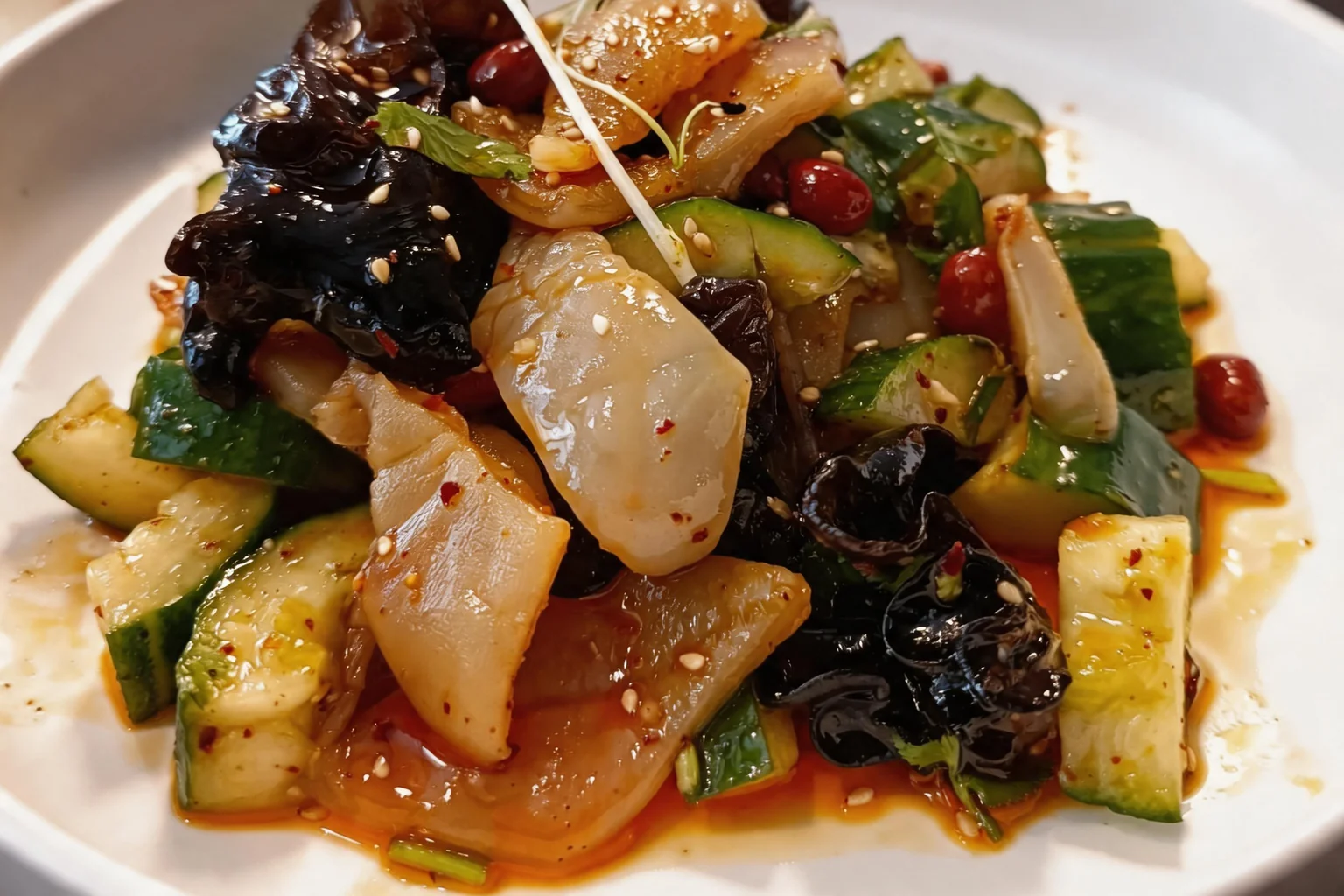 Salade de méduse au concombre dans une assiette blanche