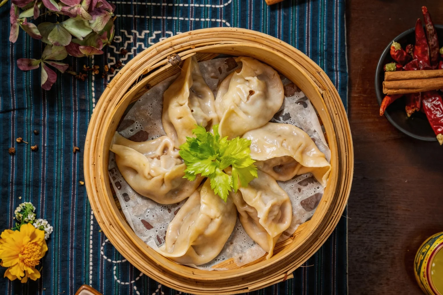 Raviolis dans un panier de bambou, chemin de table bleu